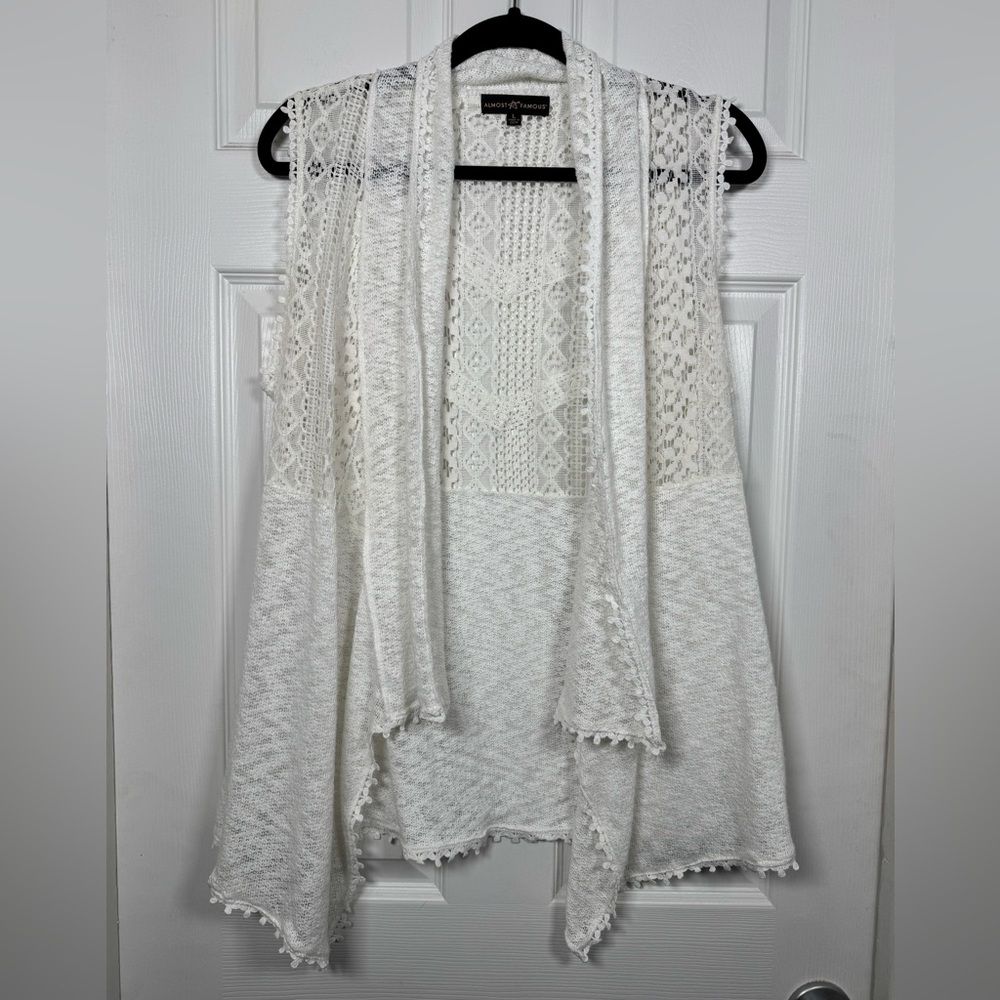 Almost Famous Ivory Crochet Lace Waterfall Boho Festival Vest L